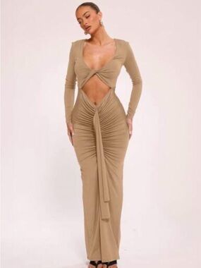 Musera Chic Tan Long Sleeve Ruched Dress size S